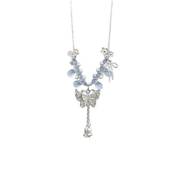 Wholesale Hand-Knitted Purple Flower Butterfly Necklace with Artificial Crystal Lily of the Valley Pendant
