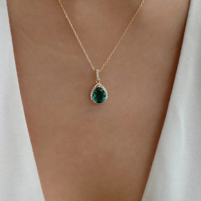Wholesale Popular accessory temperament grandmother green water droplet crystal pendant necklace retro collarbone chain accessory