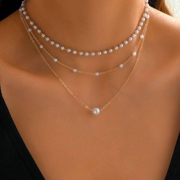 Wholesale Jewelry Fashion Pearl Chain Pendant Three-layer Necklace  Women