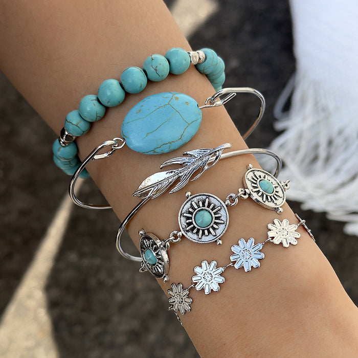 Wholesale Women S Silver Boho Turquoise Leaf Bow Bracelet Jewelry Accessory Gift