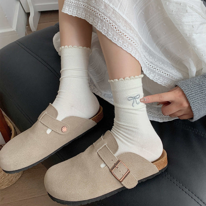 Wholesale Silver wire bow versatile embroidery mid tube socks pile socks