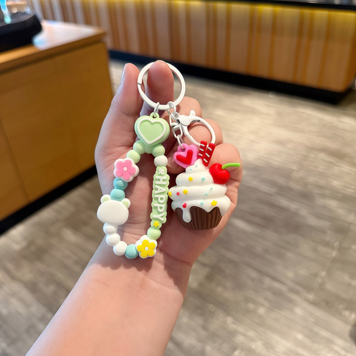 Wholesale PVC Ice Cream Cone Keychain With Love Rope Cartoon Bag Charm For Junior Gift