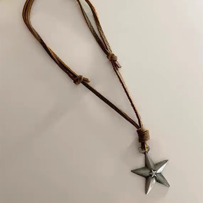 Wholesale style hand-woven five-pointed star cowhide necklace adjustable length