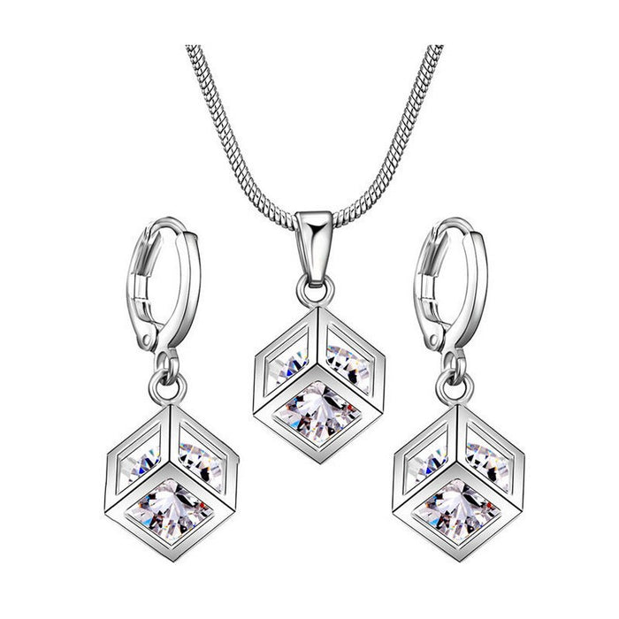 Wholesale Hollow Box Small Square with Zircon Cube Jewelry Cube Jewelry Crystal Necklace Earrings 2-piece Set