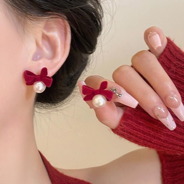 Wholesale  wine red velvet rose pearl earrings  earrings