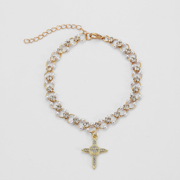 Wholesale Fashionable, versatile, personalized, trendy gold dot diamond cross ankle chain accessory