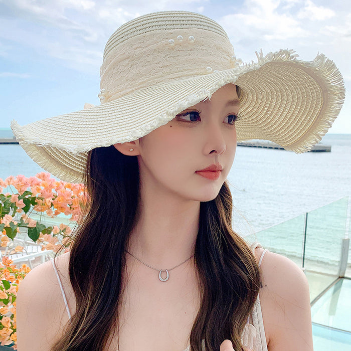 Wholesale Big bow hat for sun protection, fashionable and sweet temperament, large brim sun hat, outdoor sun hat