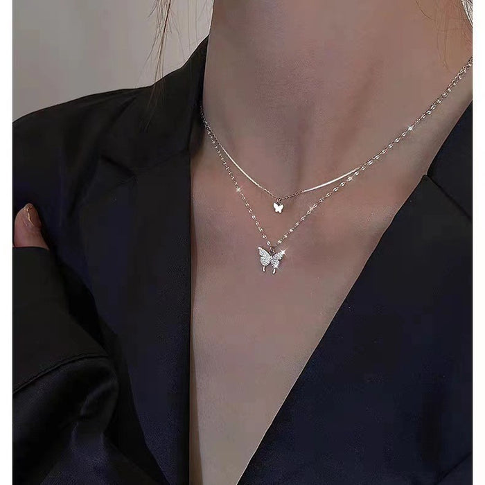 Wholesale Flash diamond butterfly double-layer necklace for women chain gift for girlfriends