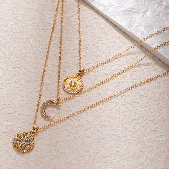 Wholesale Multi layered circular diamond necklace with geometric luxury and high-end feel, moon and sun pendant, collarbone chain
