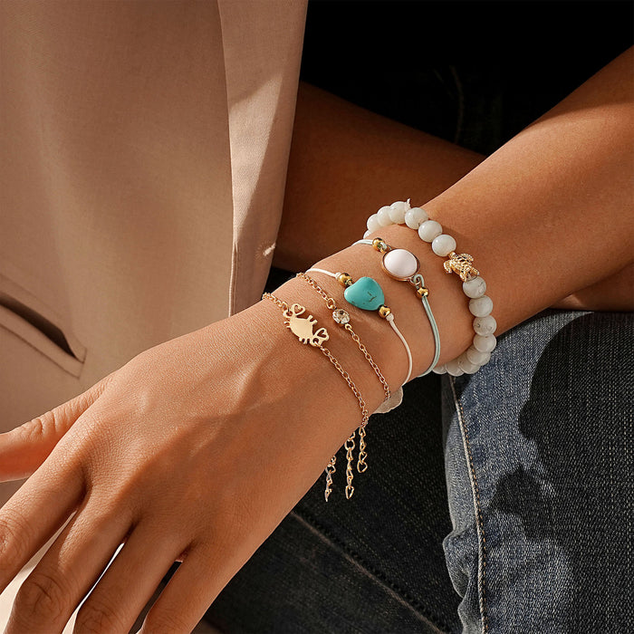 Wholesale 2pcs Retro Heart Turtle Turquoise Beads 5-Piece Set Bracelet