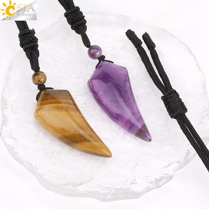 Wholesale Amethyst Crystal Wolf Tooth Pendant Necklace Minimalist Ancient Style Everyday Jewelry Accessory
