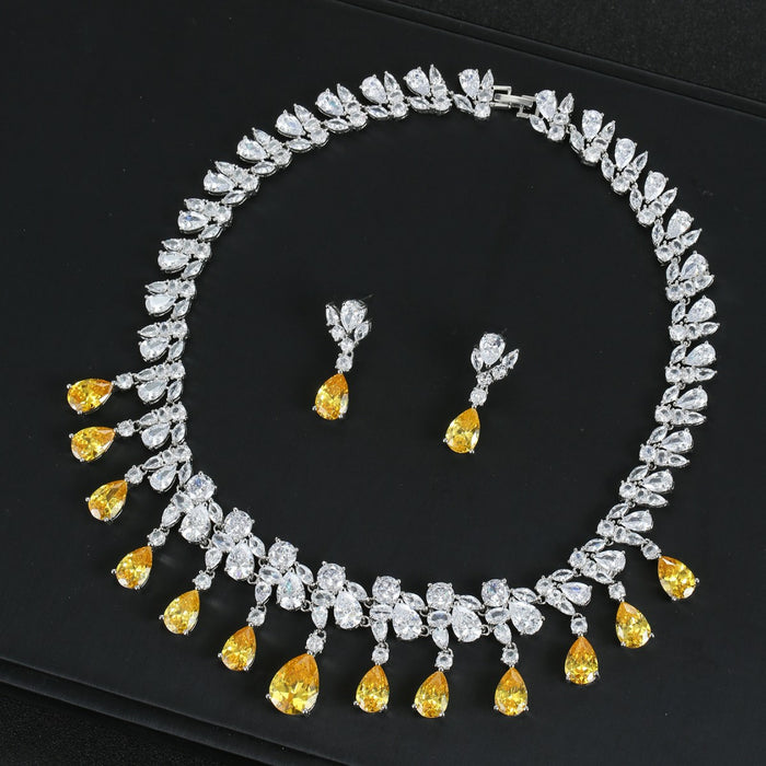 Wholesale Zircon Necklace Earrings suit Jewelry Full Diamond Water Drops Festival Wear