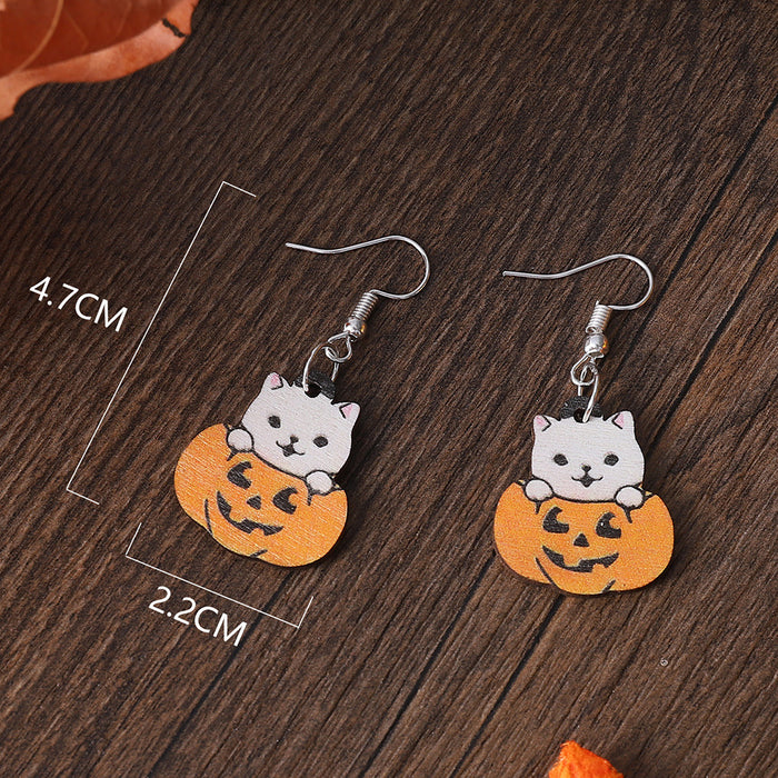 Wholesale  Cute Cat  Pumpkin Funny Pendant Earrings Wooden Gothic Style Double-sided Earrings