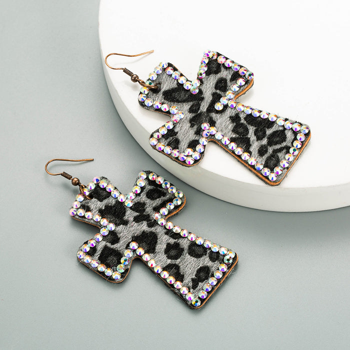 Wholesale Cross-print leather leopard print Statement Earrings