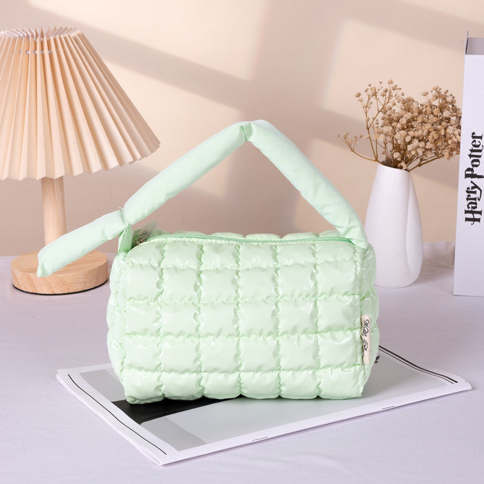 Wholesale Quilted Down Makeup Bag Small Pink Handbag Style Travel Cosmetic Pouch With Ins Style Multi Purpose Organizer