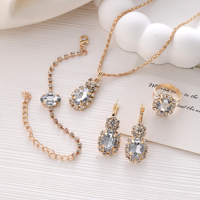 Wholesale Alloy Diamond Water Drop Oval Necklace Ring Bracelet Earrings Four-piece Set JDC-BT-ChaoKai004