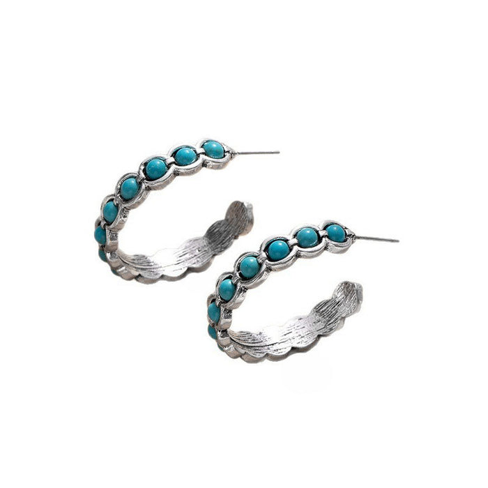 Wholesale Retro Western Style Turquoise Large Circle C-Shaped Earrings Bohemian Style Earrings High-End Niche Design Earrings