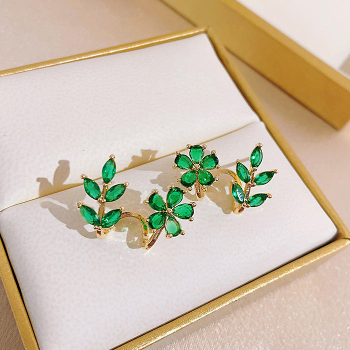 Wholesale Copper Green Leaf Flower Set Diamond Earrings JDC-ES-Wuyu002