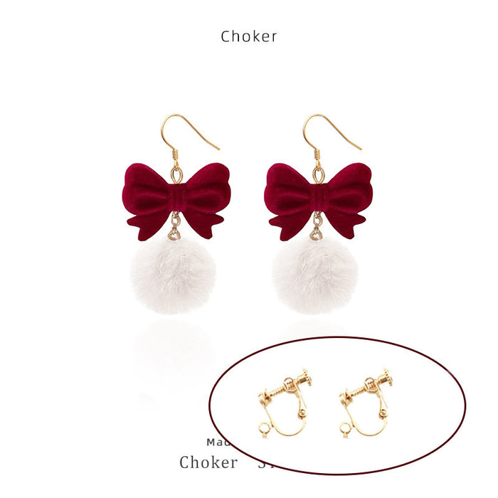 Wholesale Wine red flocking bowknot fur ball earrings for women sweet ear clip