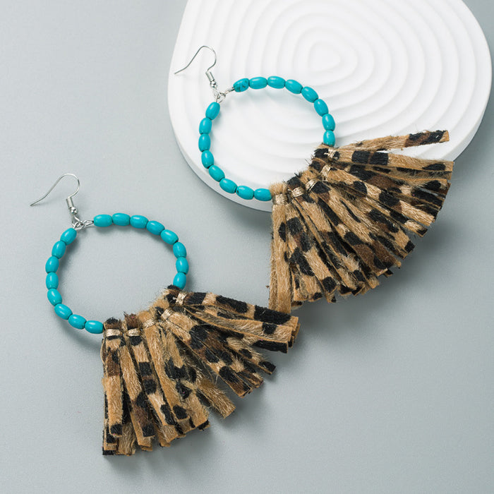 Wholesale Large round turquoise handmade leather tassel statement earrings