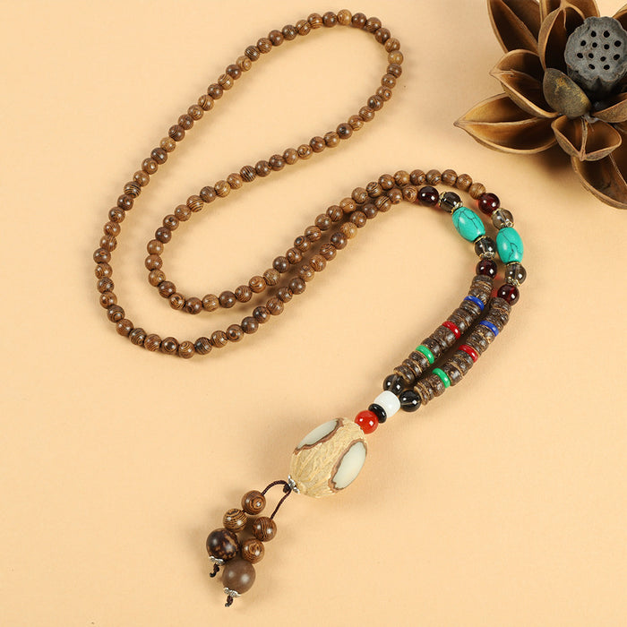 Wholesale Long Cotton and Linen Accessories Wooden Pendant Buddhist Beads Necklace JDC-NE-Luox003