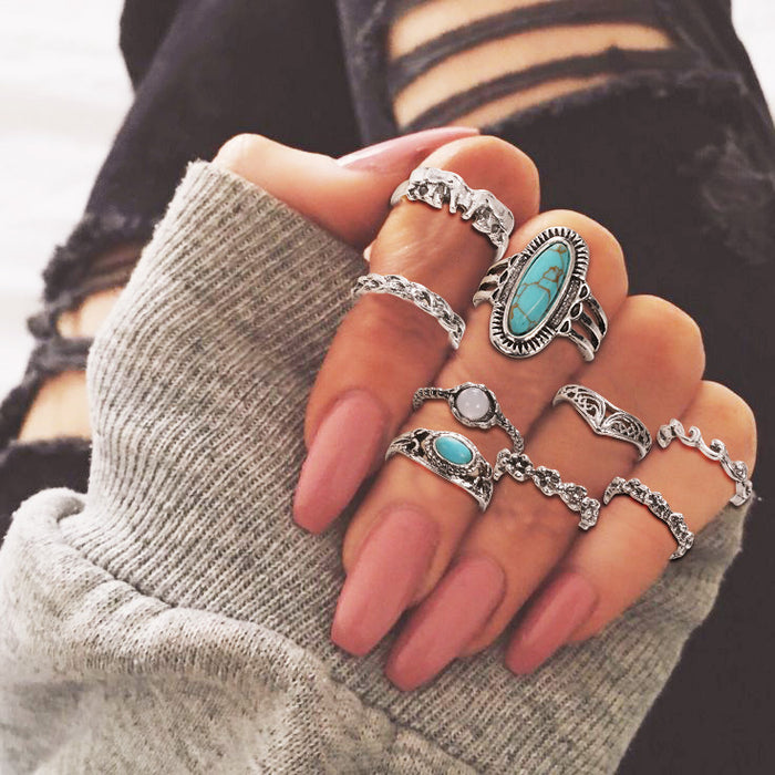 Wholesale Turquoise Carved Feather Ring Set