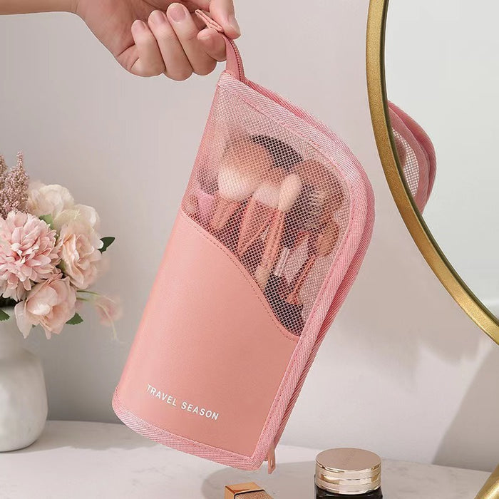Wholesale Stylish Pink Polyester Mesh Cosmetic Bag Large Capacity Travel Makeup Organizer