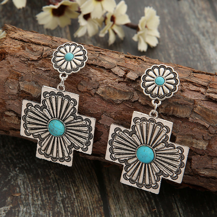 Wholesale Earrings Independent Station New Retro Turquoise Earrings Exaggerated Cross Carving Metal Earrings