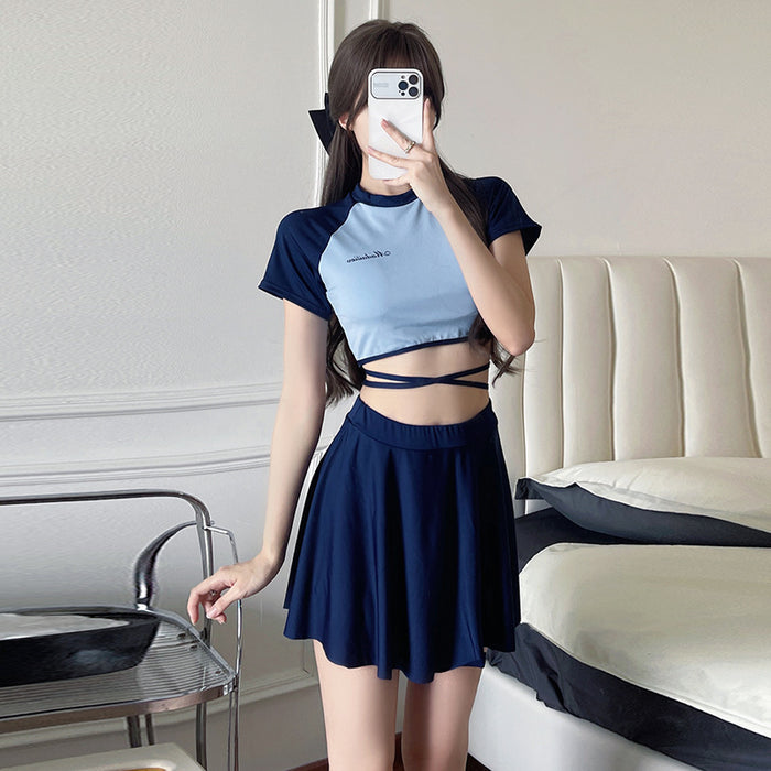 Wholesale Women's two-piece swimsuit set with color blocked short sleeves