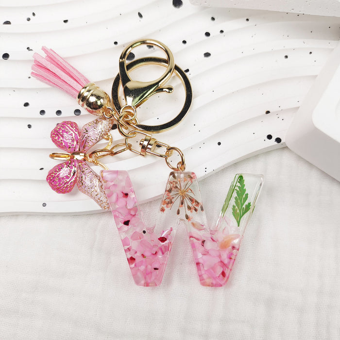 Wholesale Small Daisy Dried Flower Green Leaf Crystal Acrylic Letter Butterfly Tassel Keychain JDC-KC-JiaYi002