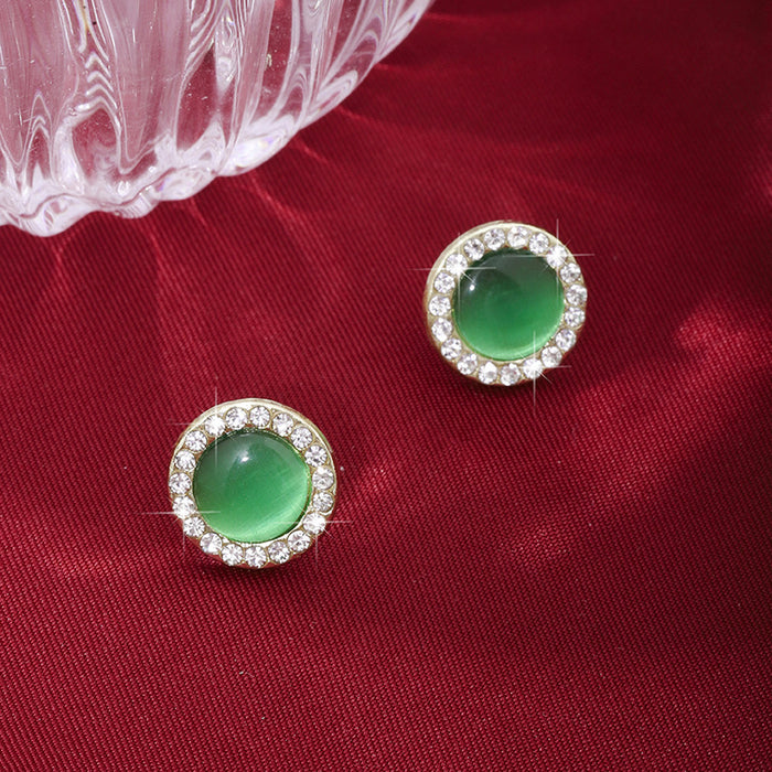 Wholesale Silver Needle Fashion Cat Eye Stone with Diamond and Pearl Earrings, High Grade Color Round Earrings, Wholesale