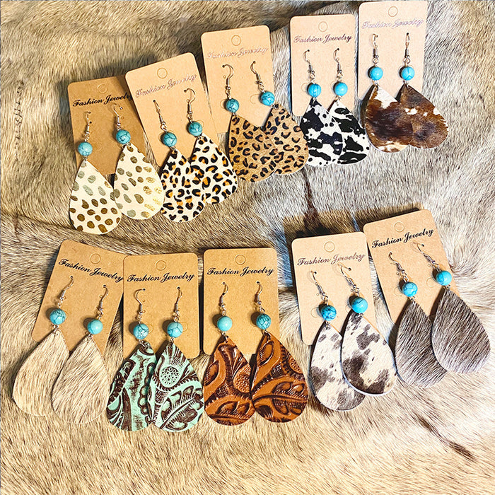 Wholesale Retro Leather Earrings Western Europe Long Water Drop Turquoise ing Horse Hair Earrings
