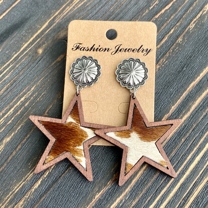 Wholesale Western Denim five-pointed star Natural genuine leather earrings leopard print milk pattern inlaid earrings
