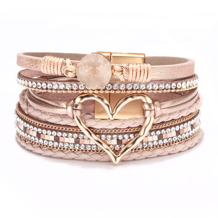 Wholesale New Bracelets for Women Bohemian Love Rhinestone Magnetic Bracelet PU Artificial Leather Soft Bracelet JDC-BT-QN001