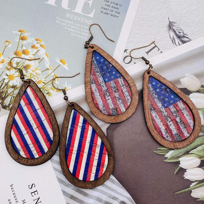 Wholesale Retro Independence Day Leather Earrings American Flag Drop-Shaped Texture Wood Grain Leather Earrings