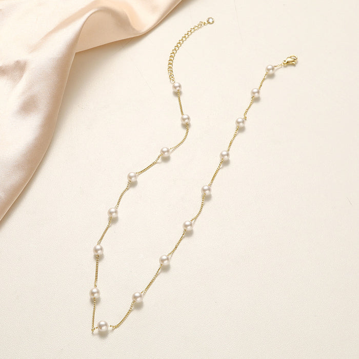 Wholesale Elegant and atmospheric pearl necklace, niche design, versatile, copper plated real gold neck chain, locking bone chain