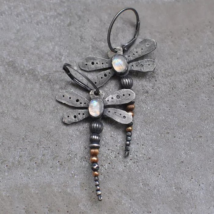 Wholesale Design sense: vintage metal insect moonstone earrings, vintage metal earrings, women's accessories