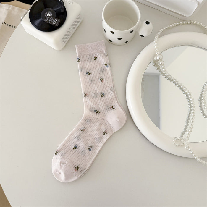 Wholesale Boneless card silk floral retro mid length socks with mesh breathable and versatile design