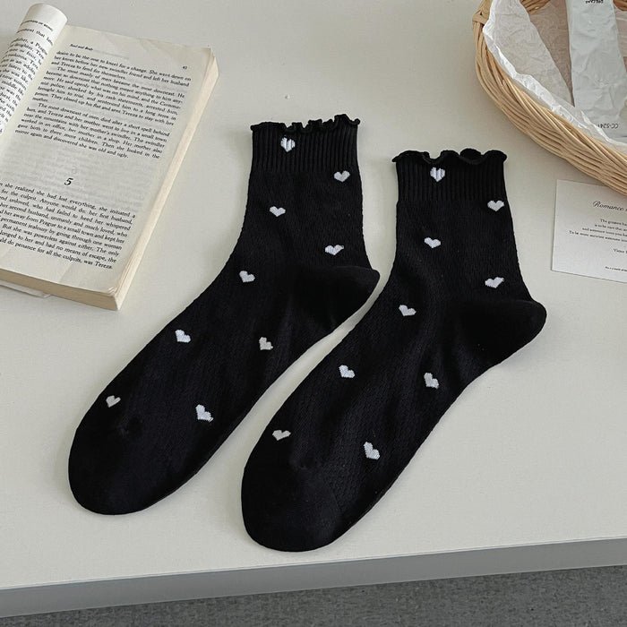 Wholesale New product: Ear fungus edge socks, mid tube socks, cotton socks, thin mesh, hollowed out lace, heart-shaped style, stacked socks