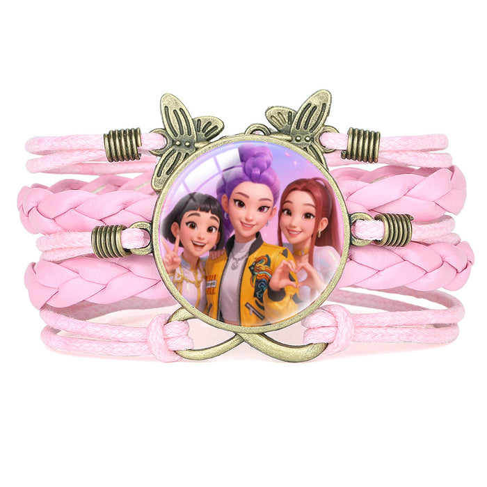Wholesale KPOP Retro Butterfly Combination Cute Pink Multi-Layer Braided Girl Bracelet