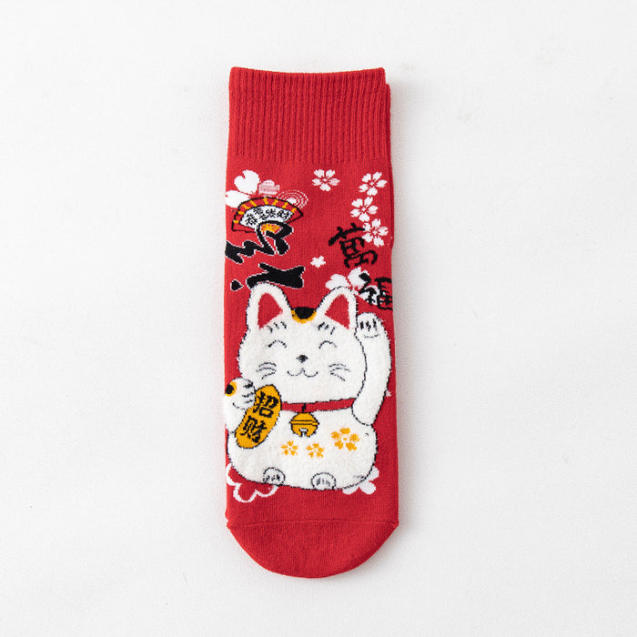 Wholesale Socks for men and women mid-tube socks cotton bottom festive red stockings new year gift lucky cat socks