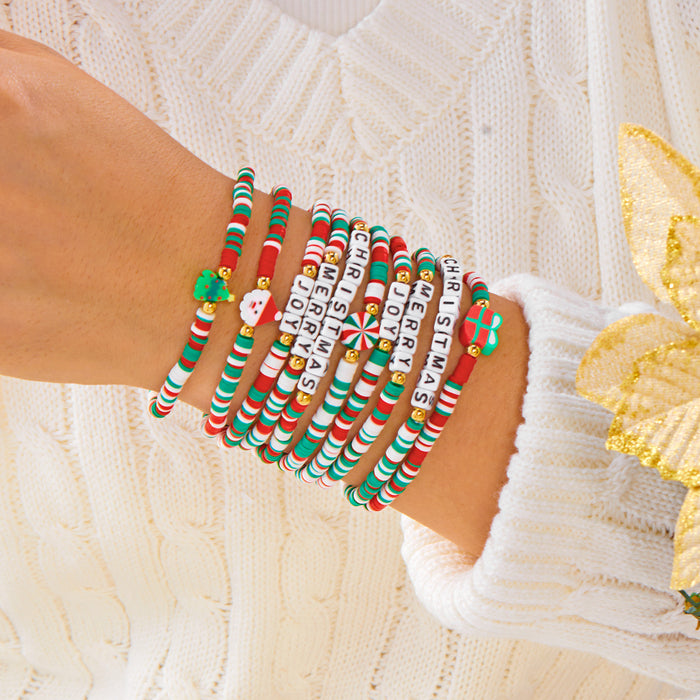 Wholesale Multi-layer stacking Christmas bracelet set personalized colorful polymer clay crystal elastic rope holiday bracelet