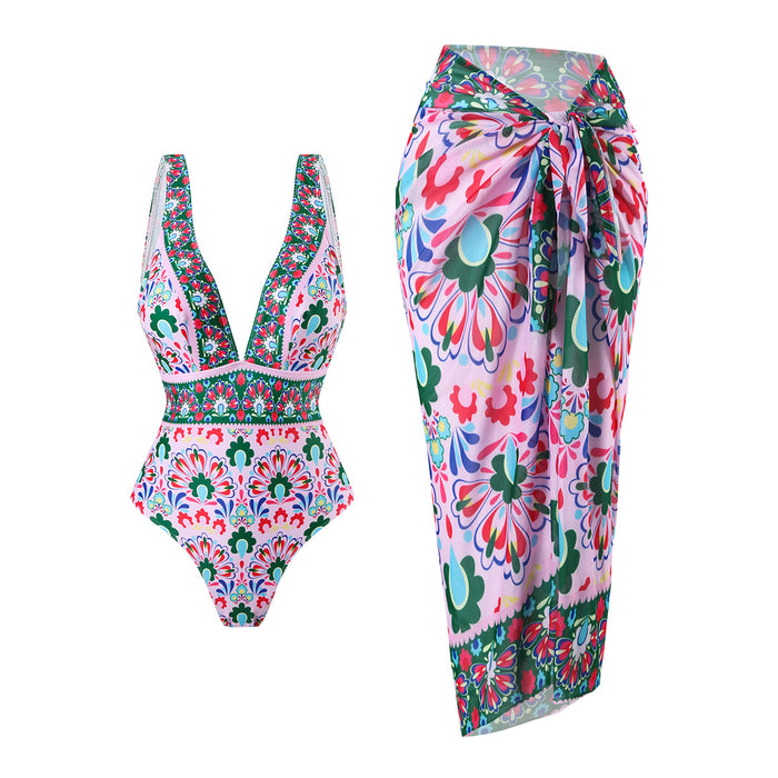 Wholesale Sexy bikini one-piece swimsuit chiffon skirt wrapped skirt, shoulder V-neck swimsuit, beach gathering, conservative coverage