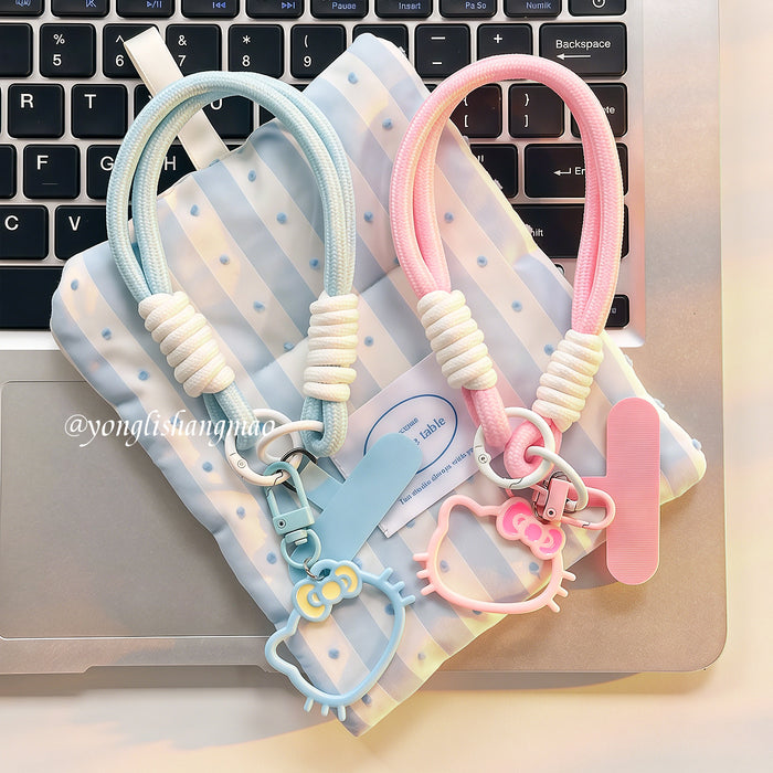 Wholesale Cute Cartoon Cat Phone Lanyard With Bag Charm Plastic Resin Double Clip Woven Wrist Strap Fashion Accessory For Girls Decorative Gift