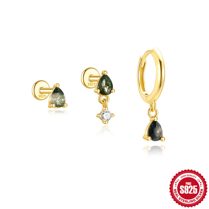 Wholesale 925 Sterling Silver Elegant Aquatic Moss Agate Set Earrings Earrings Earrings 3-Piece Combination Set