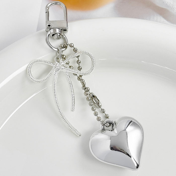 Wholesale Peach Heart Bow Keychain Beaded Metal Heart Keychain