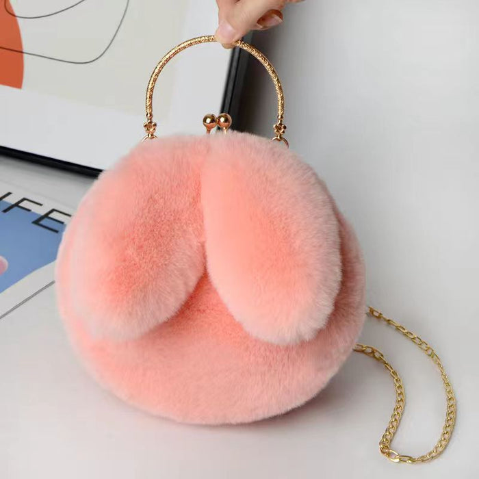 Wholesale Plush Shoulder Bag Women's Portable Crossbody Bag Chain Mobile Phone Bag All-match Small Round Bag Rabbit Ear Clamp Bag