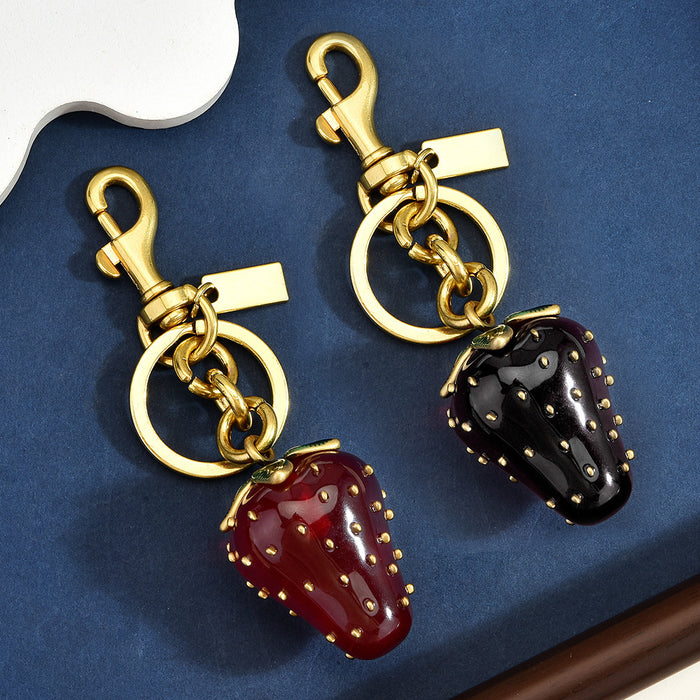 Wholesale Red Strawberry Keychain Bag Charm Cute Fruit Design Decorative Accessory Alloy Pendant For Women S Bag Boutique Resale