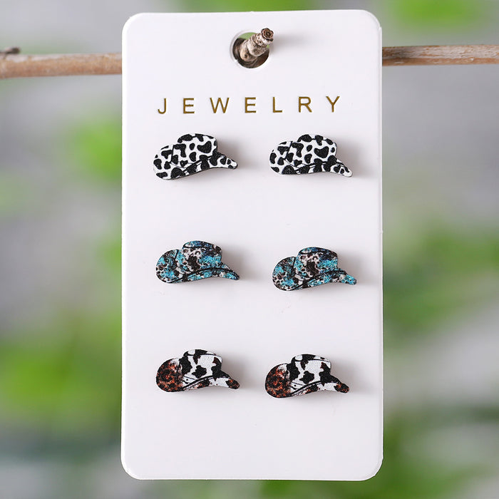 Wholesale Western style leopard print cow pattern turquoise pattern cowboy hat earring set wooden earrings gift
