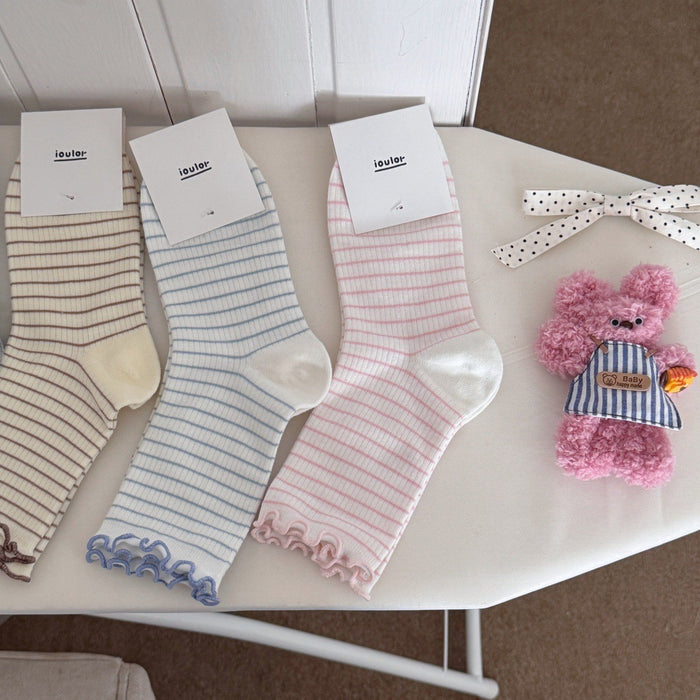 Wholesale Curled striped socks, mid tube socks, boneless socks, cotton socks
